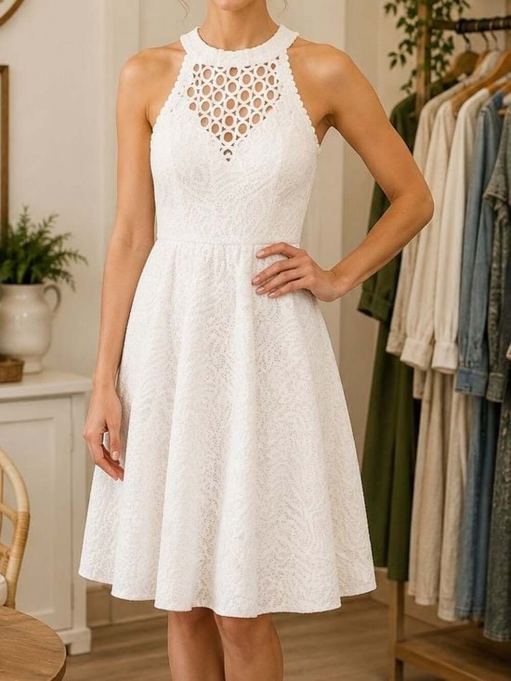 Lilly Pulitzer White Lace Halter Dress Size 4 Crochet Cutout A-Line